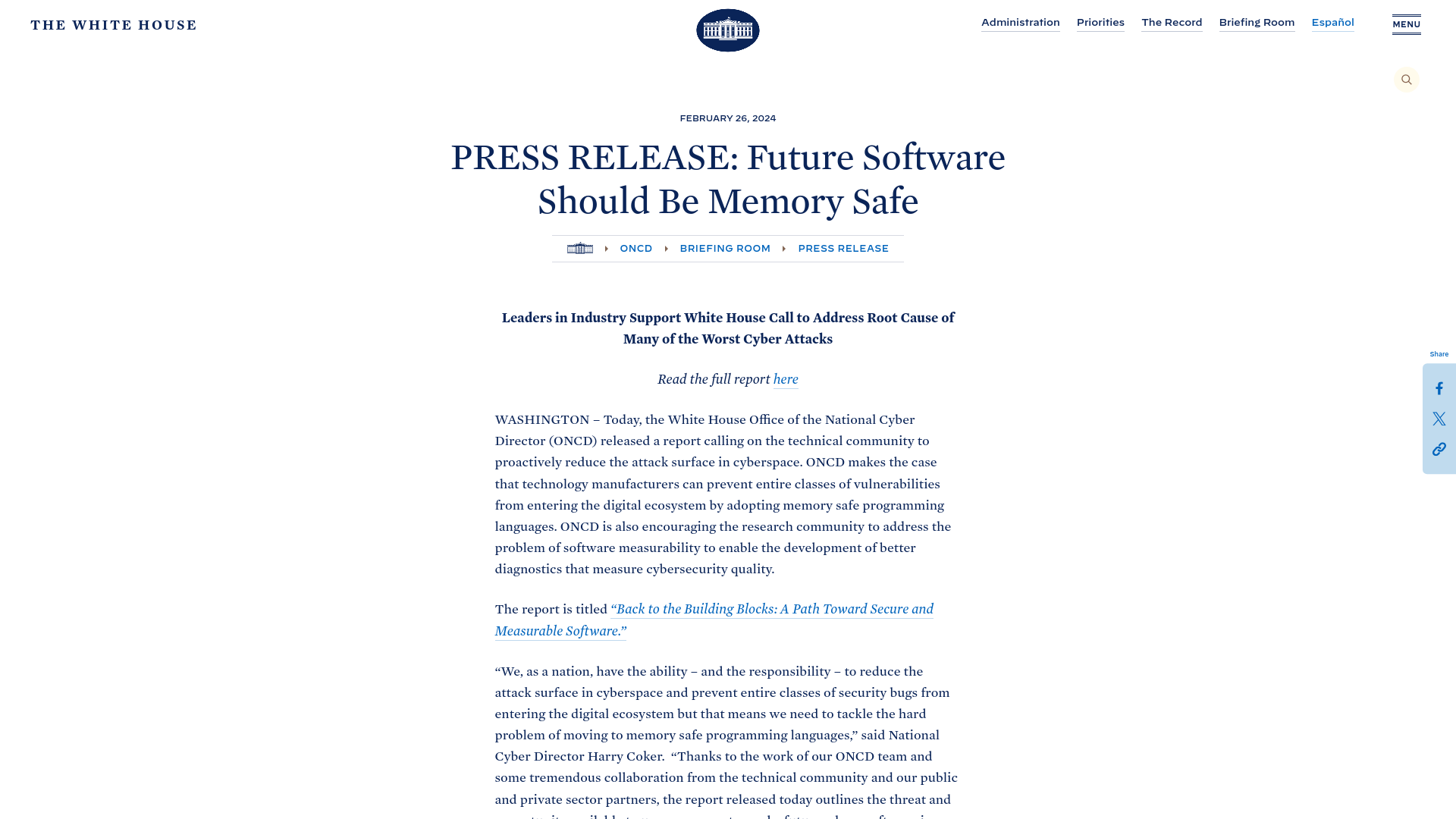 PRESS RELEASE: Future Software Should Be Memory Safe | ONCD | The White House