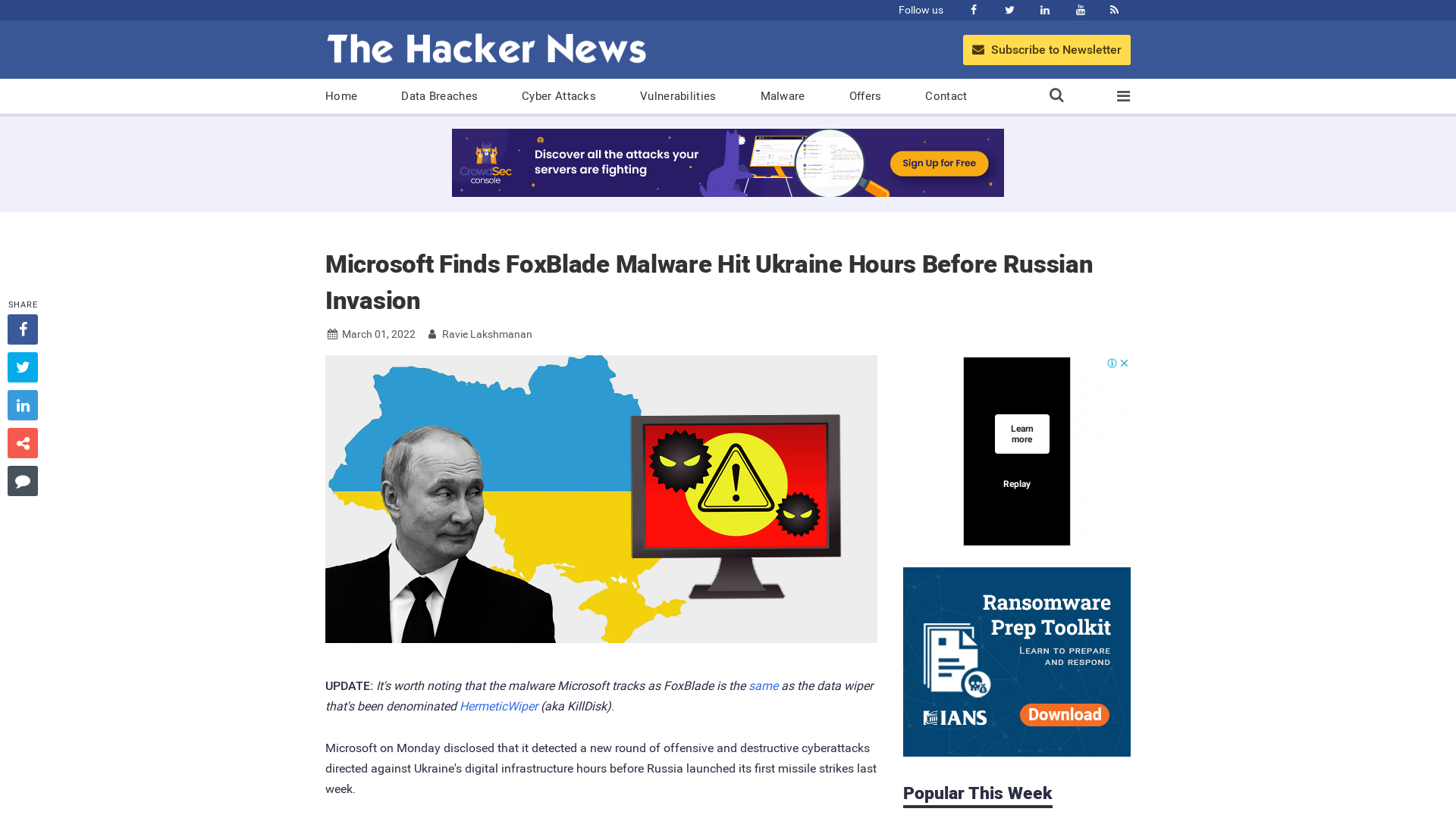 Microsoft Finds FoxBlade Malware Hit Ukraine Hours Before Russian Invasion