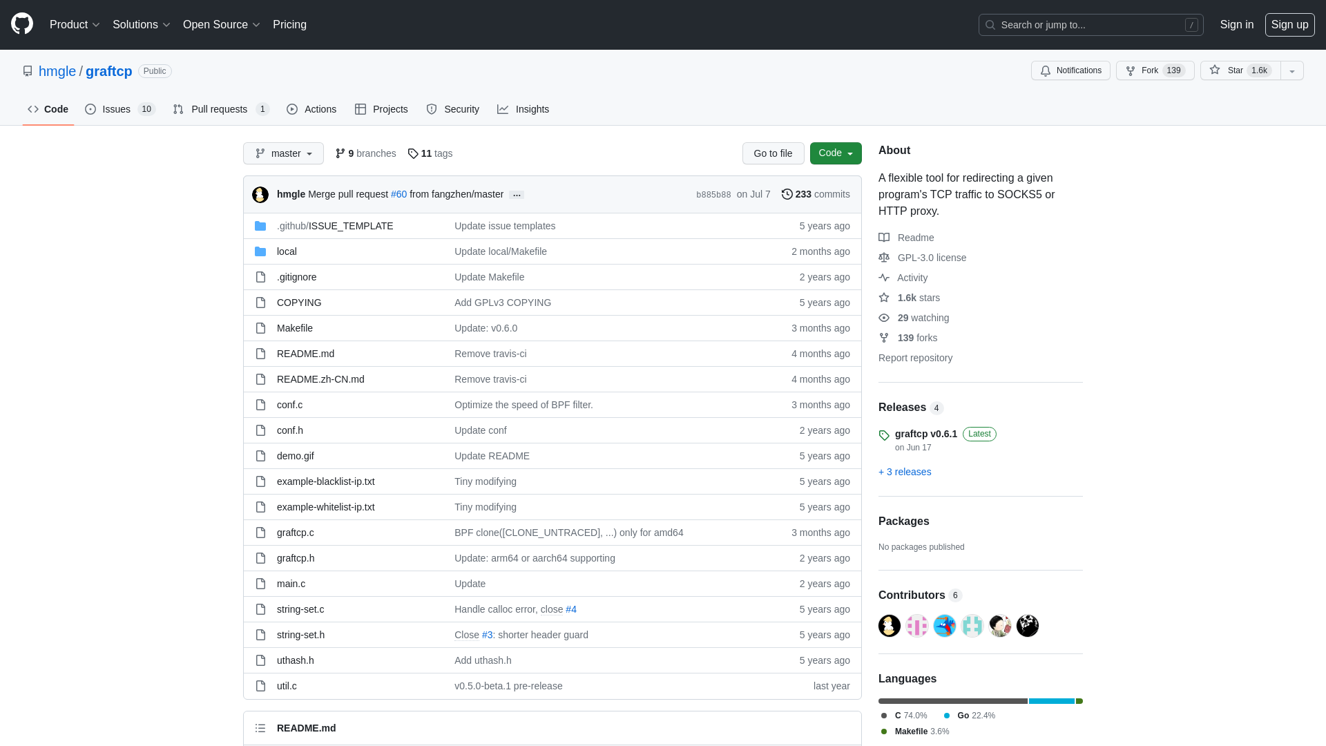 GitHub - hmgle/graftcp: A flexible tool for redirecting a given program's TCP traffic to SOCKS5 or HTTP proxy.