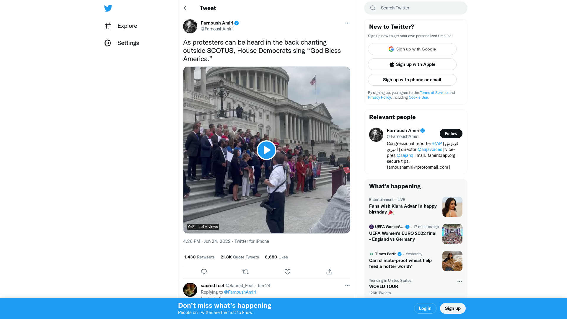 Farnoush Amiri on Twitter: "As protesters can be heard in the back chanting outside SCOTUS, House Democrats sing “God Bless America.” https://t.co/MjW0cSZ6nY" / Twitter
