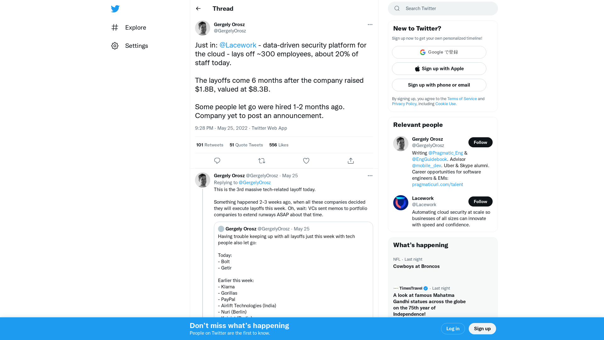Gergely Orosz on Twitter: "Just in: @Lacework - data-driven security platform for the cloud - lays off ~300 employees, about 20% of staff today. The layoffs come 6 months after the company raised $1.8B, valued at $8.3B. Some people let go were hired 1-2 months ago. Company yet to post an announcement." / Twitter