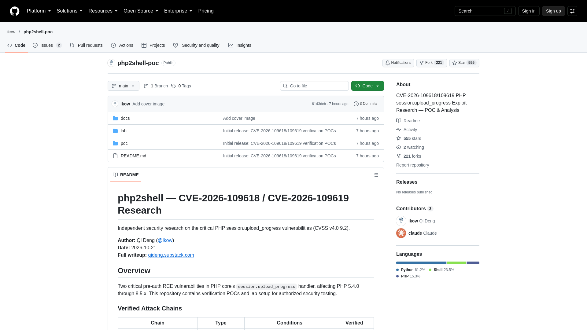 GitHub - ikow/php2shell-poc: CVE-2026-109618/109619 PHP session.upload_progress Exploit Research — POC & Analysis · GitHub
