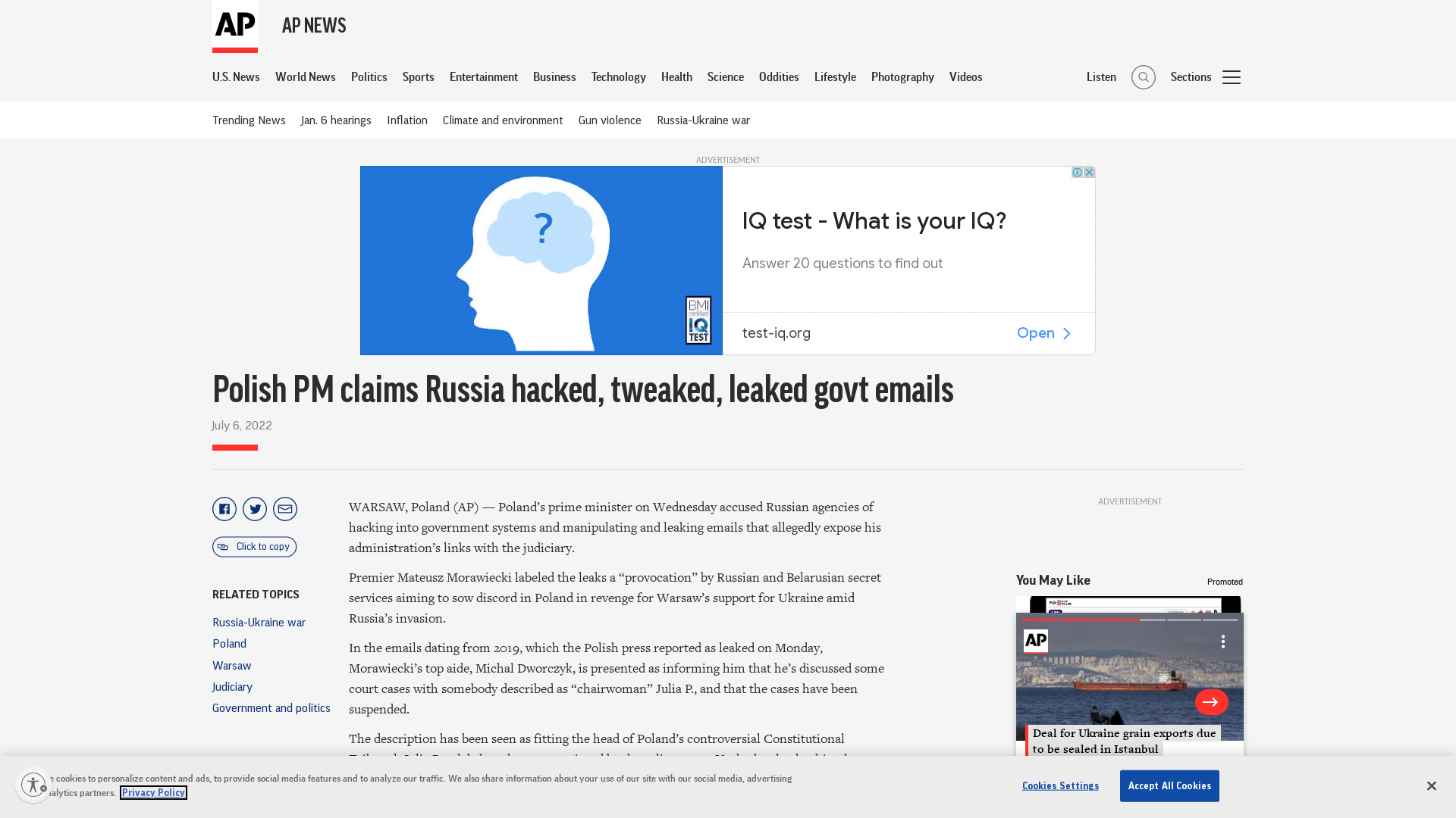 Polish PM claims Russia hacked, tweaked, leaked govt emails | AP News