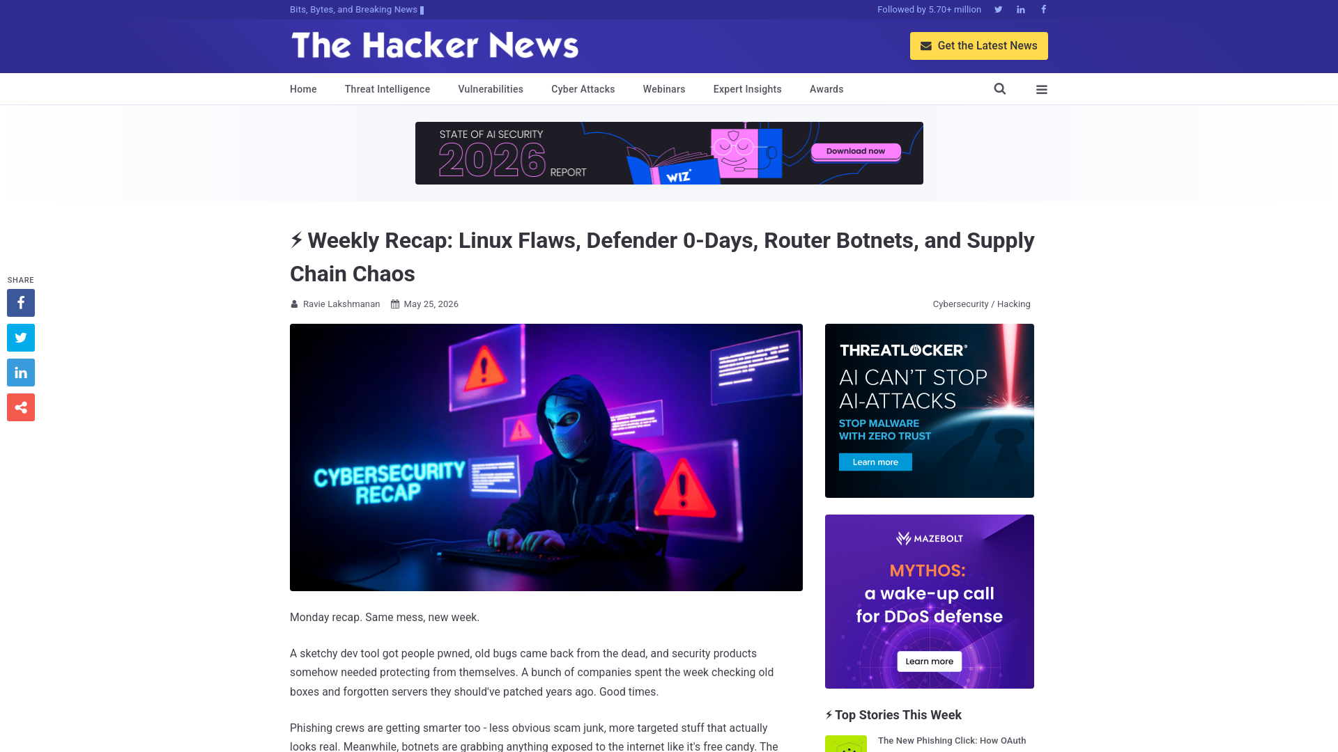 ⚡ Weekly Recap: Linux Flaws, Defender 0-Days, Router Botnets, and Supply Chain Chaos