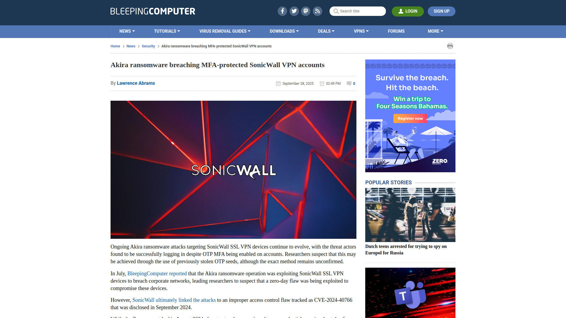 Akira ransomware breaching MFA-protected SonicWall VPN accounts
