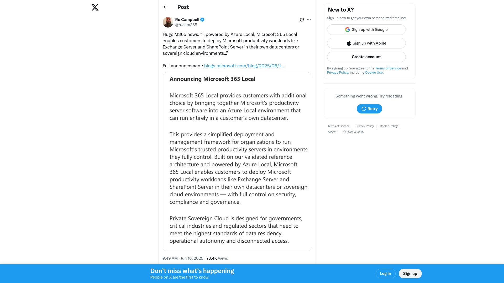 Ru Campbell on X: "Huge M365 news: “… powered by Azure Local, Microsoft 365 Local enables customers to deploy Microsoft productivity workloads like Exchange Server and SharePoint Server in their own datacenters or sovereign cloud environments…” Full announcement: https://t.co/tKh1n0i6FH https://t.co/LkzJFpNyX6" / X