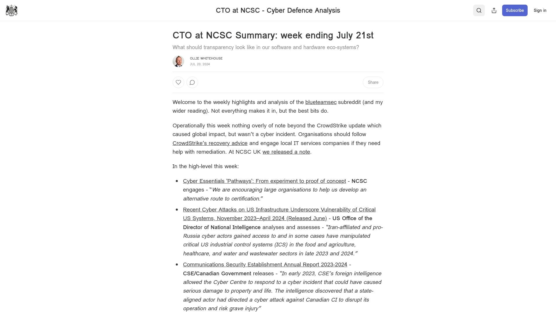 CTO at NCSC Summary: week ending July 21st