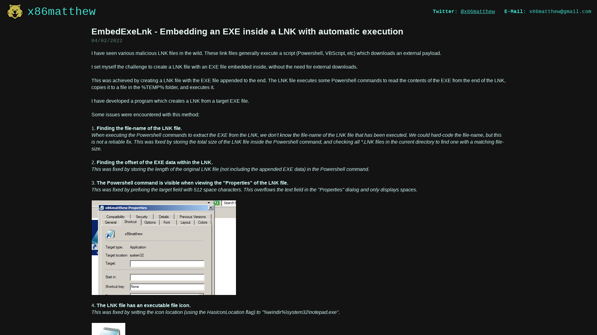 x86matthew - EmbedExeLnk - Embedding an EXE inside a LNK with automatic execution