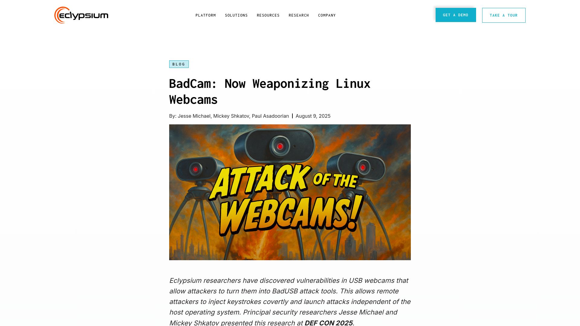 BadCam: Turning Linux Webcams Into BadUSB Attack Tools - Eclypsium | Supply Chain Security for the Modern Enterprise