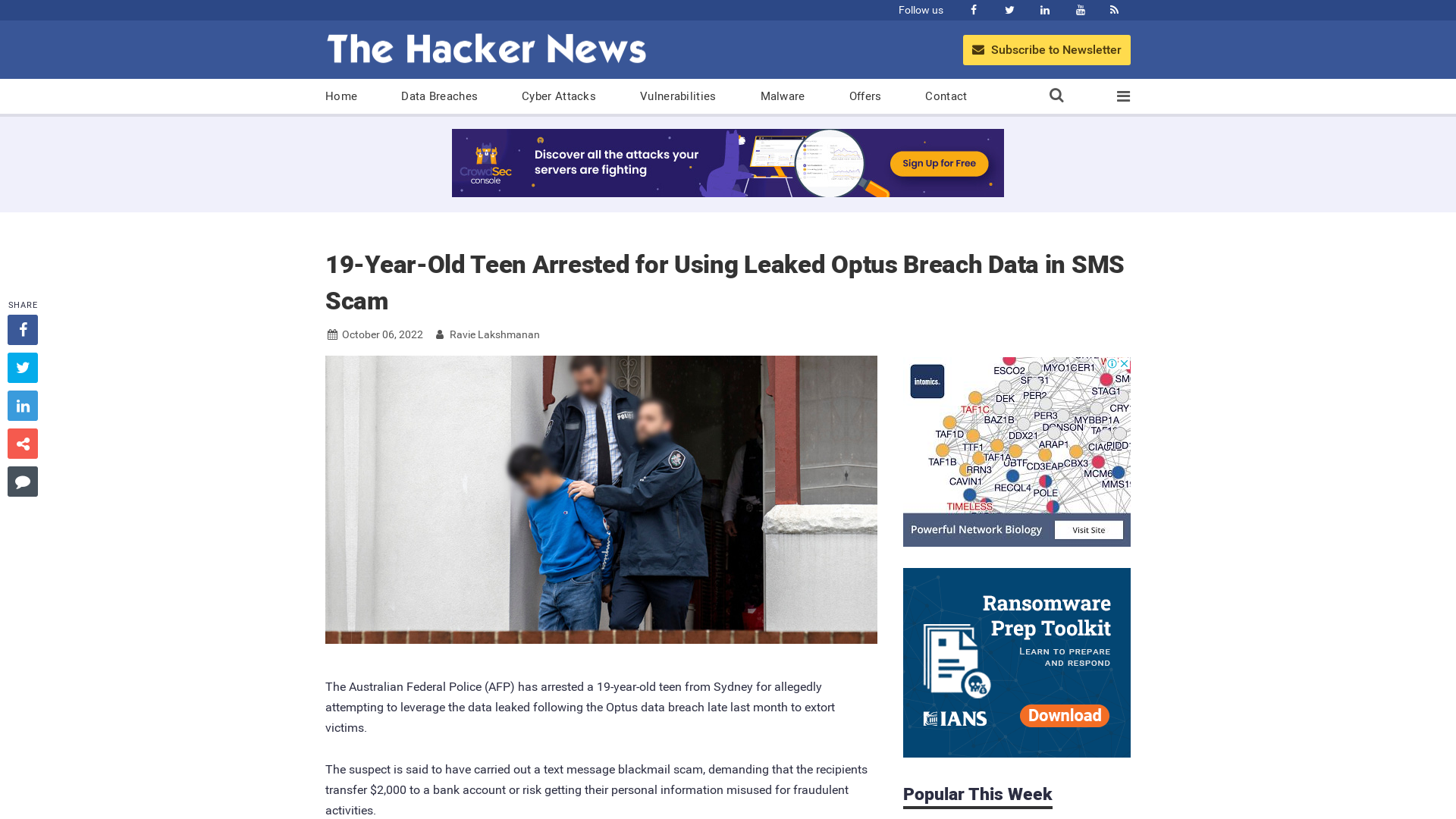 19-Year-Old Teen Arrested for Using Leaked Optus Breach Data in SMS Scam