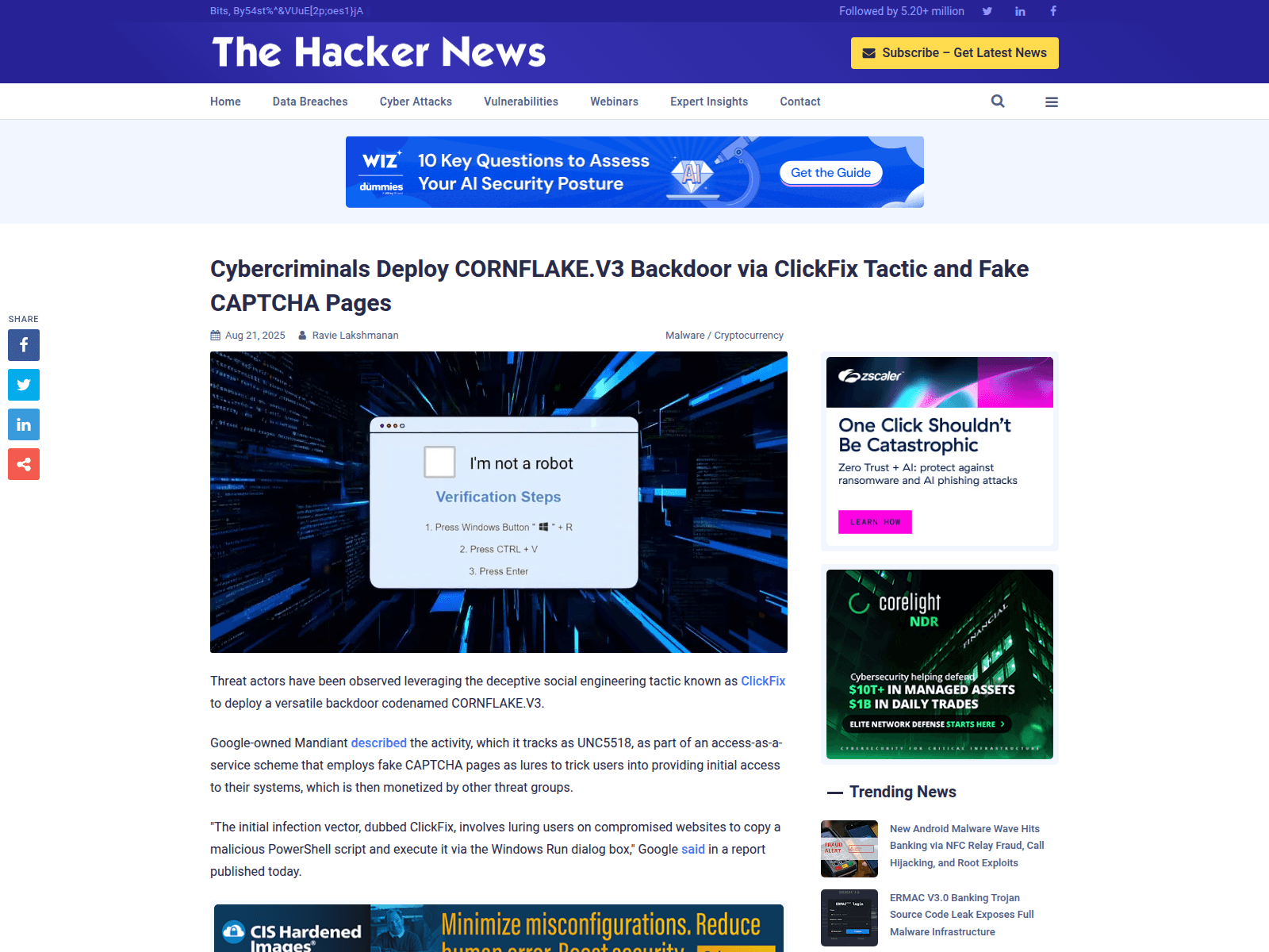 Cybercriminals Deploy CORNFLAKE.V3 Backdoor via ClickFix Tactic and Fake CAPTCHA Pages