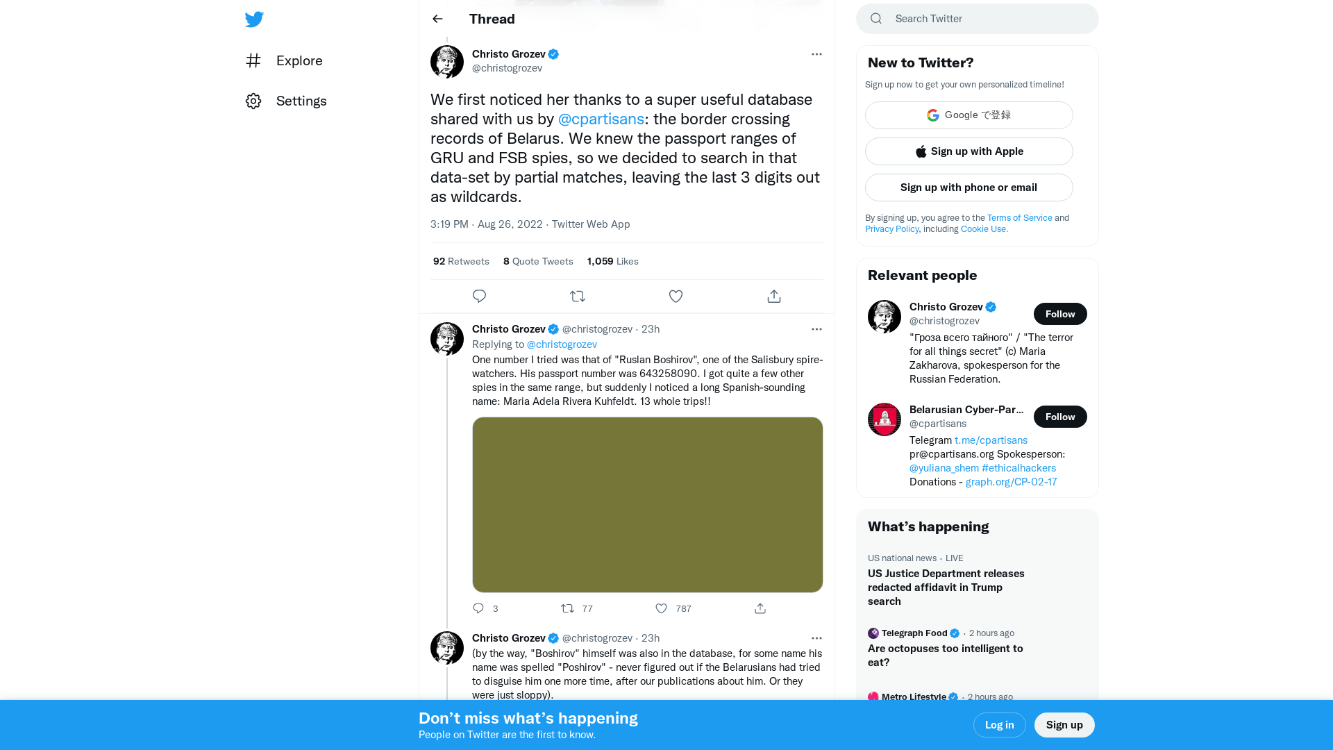 Christo Grozev on Twitter: "We first noticed her thanks to a super useful database shared with us by @cpartisans: the border crossing records of Belarus. We knew the passport ranges of GRU and FSB spies, so we decided to search in that data-set by partial matches, leaving the last 3 digits out as wildcards." / Twitter