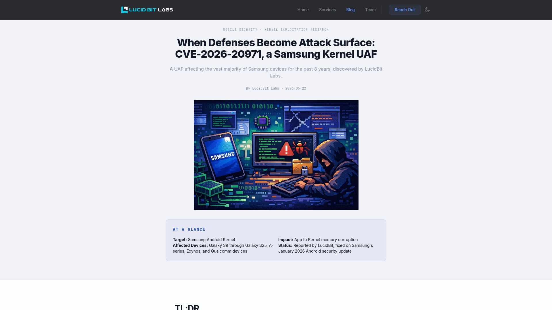 When Defenses Become Attack Surface: CVE-2026-20971, a Samsung Kernel UAF | LucidBit Labs