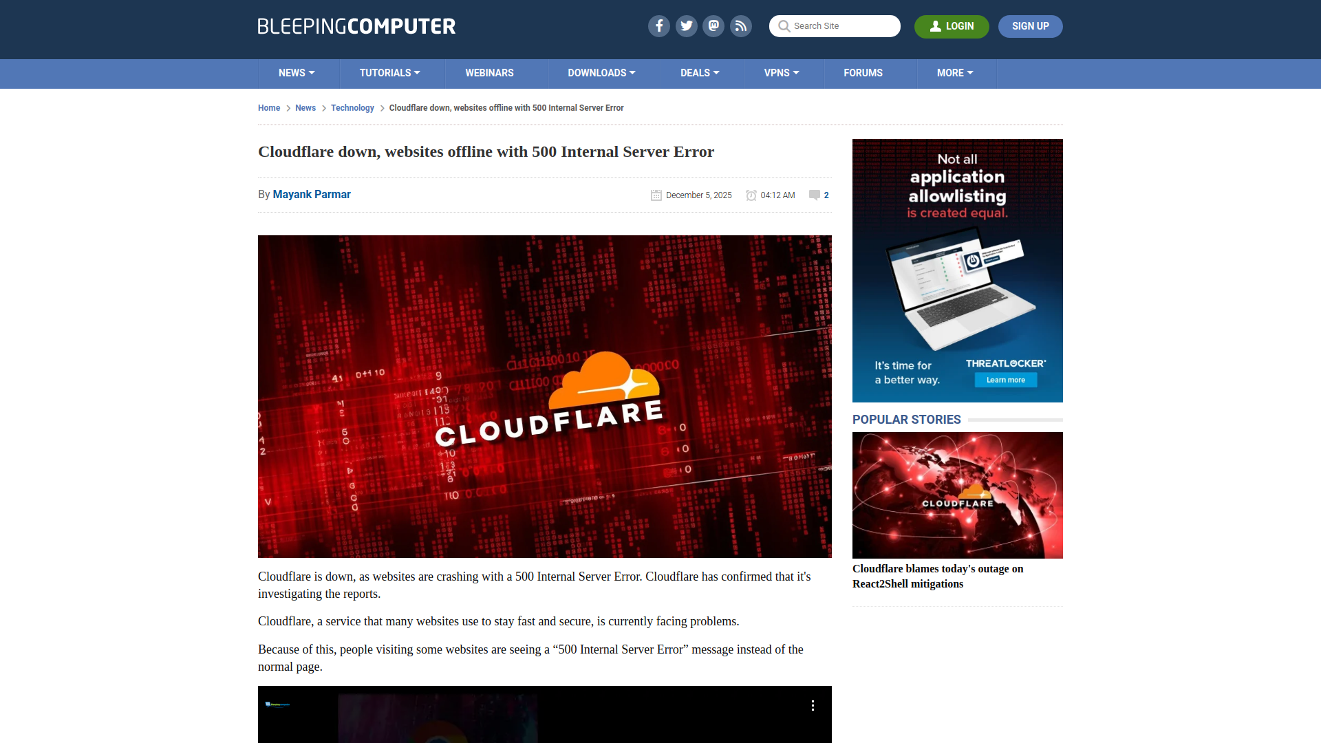 Cloudflare down, websites offline with 500 Internal Server Error