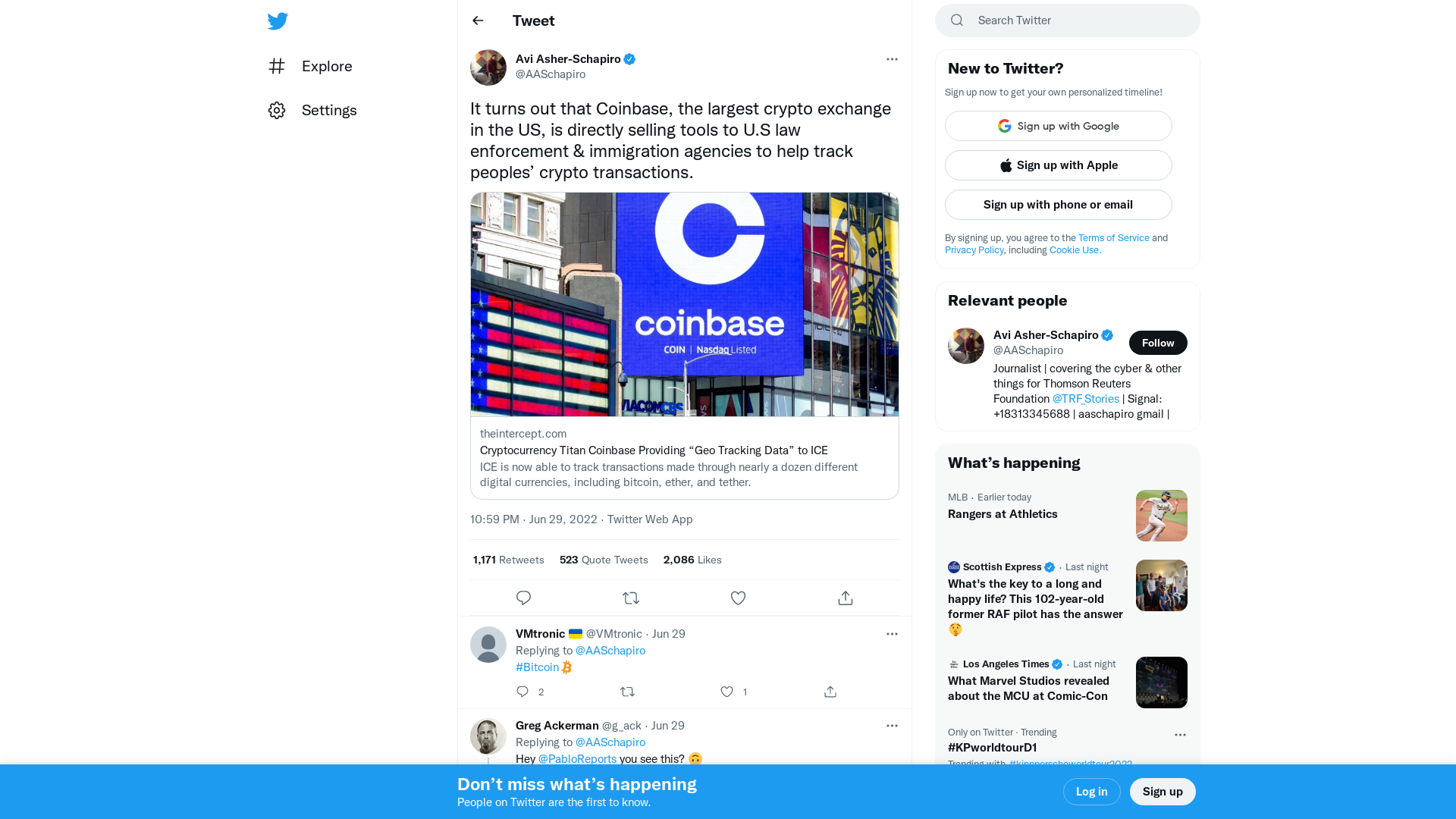 Avi Asher-Schapiro on Twitter: "It turns out that Coinbase, the largest crypto exchange in the US, is directly selling tools to U.S law enforcement & immigration agencies to help track peoples’ crypto transactions. https://t.co/rkyRvNdp9c" / Twitter