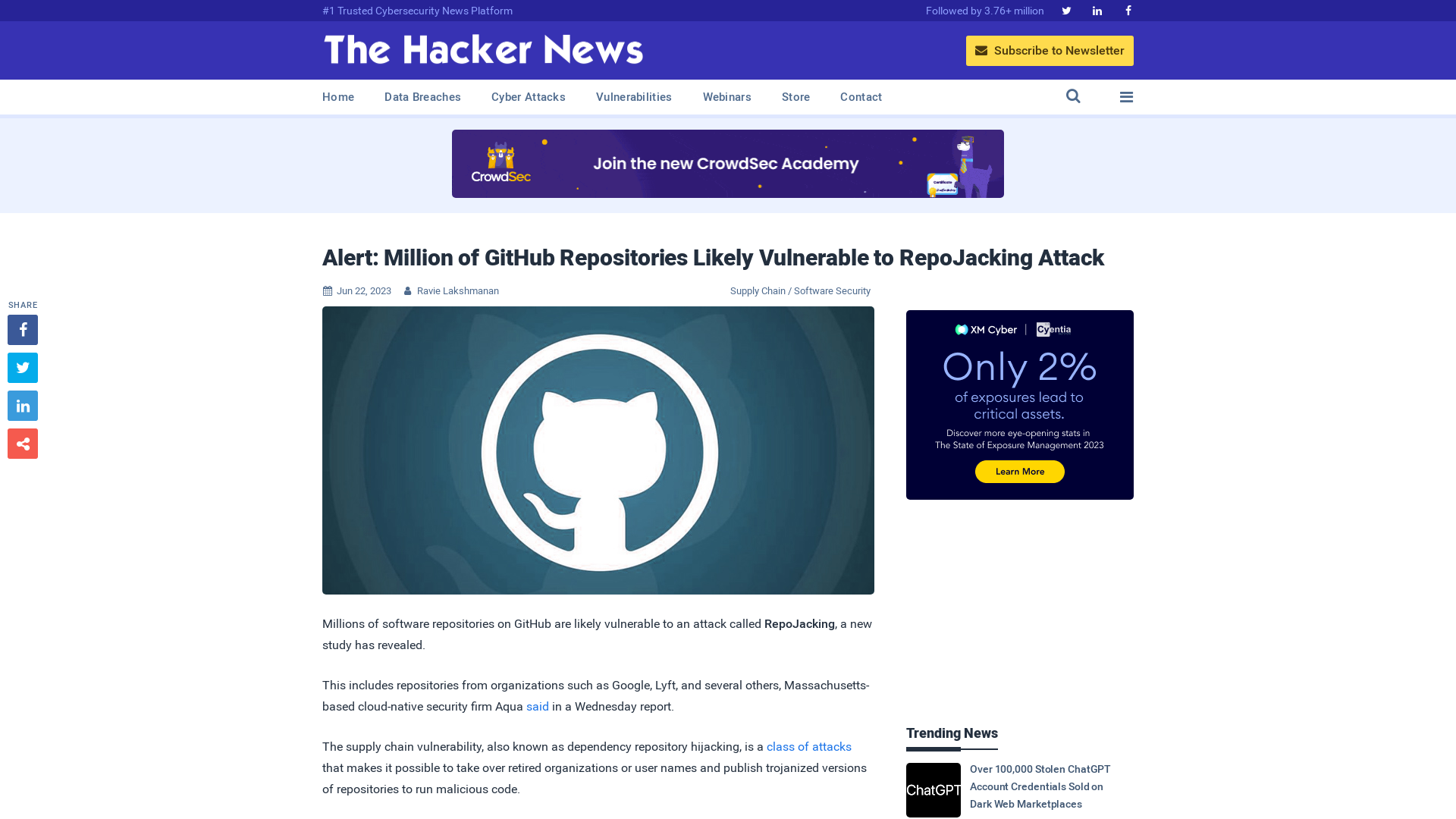 Alert: Million of GitHub Repositories Likely Vulnerable to RepoJacking Attack