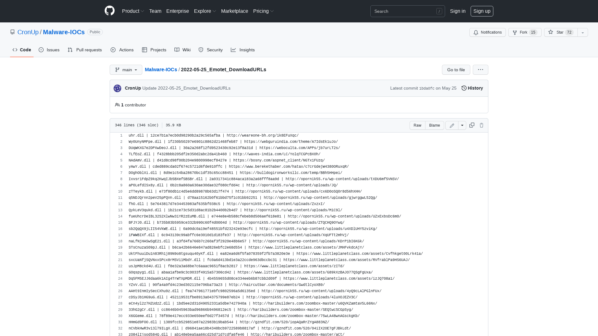 Malware-IOCs/2022-05-25_Emotet_DownloadURLs at main · CronUp/Malware-IOCs · GitHub