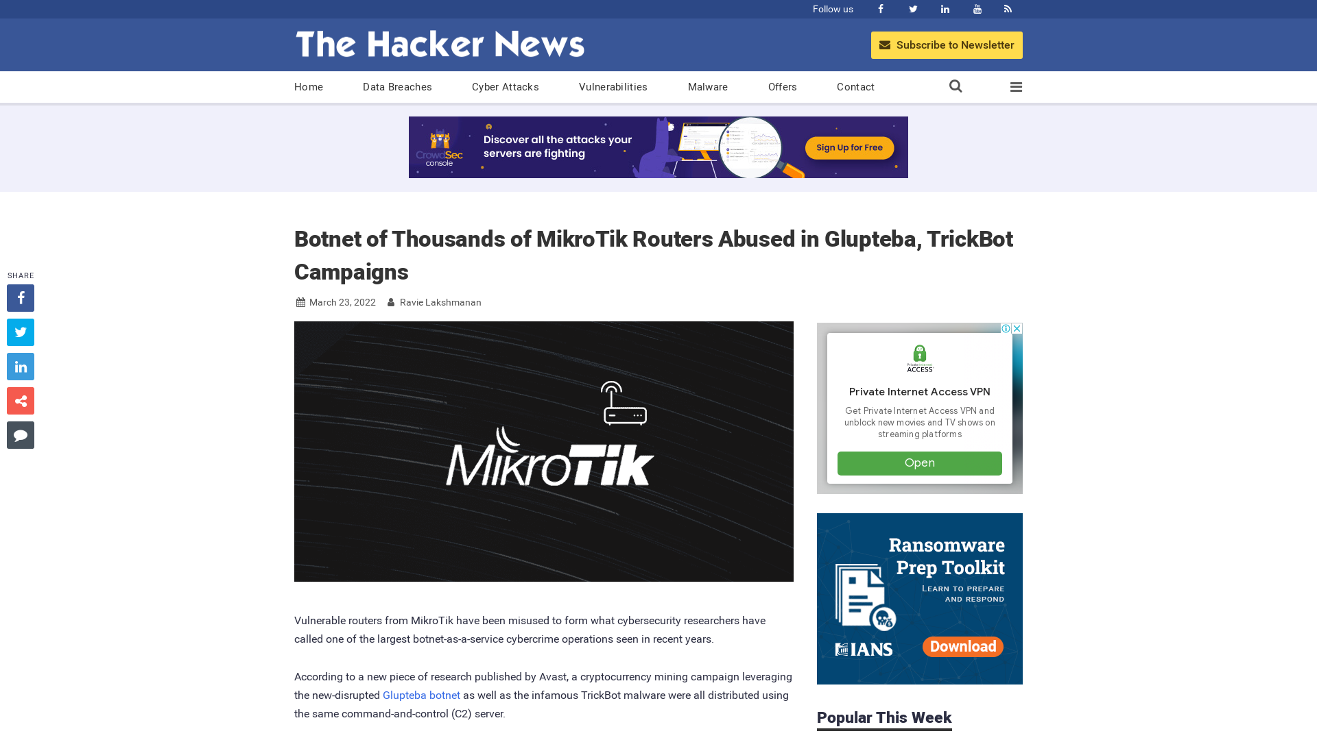 Botnet of Thousands of MikroTik Routers Abused in Glupteba, TrickBot Campaigns