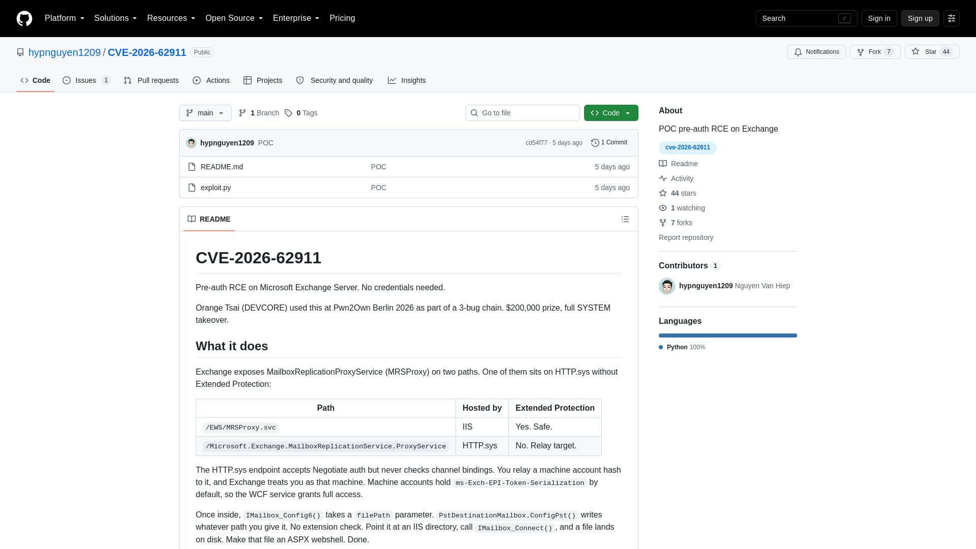 GitHub - hypnguyen1209/CVE-2026-62911: POC pre-auth RCE on Exchange · GitHub