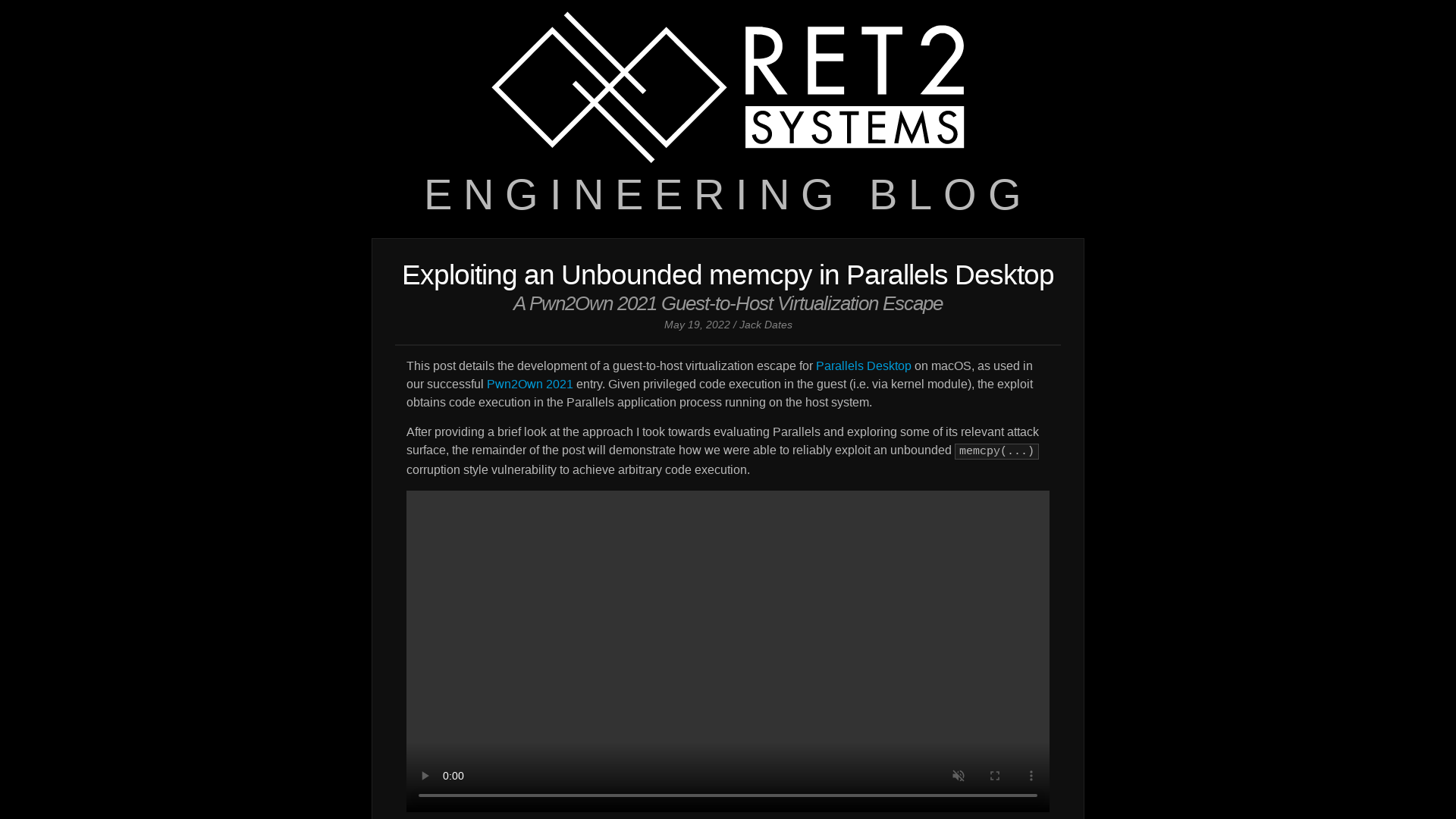 Exploiting an Unbounded memcpy in Parallels Desktop | RET2 Systems Blog