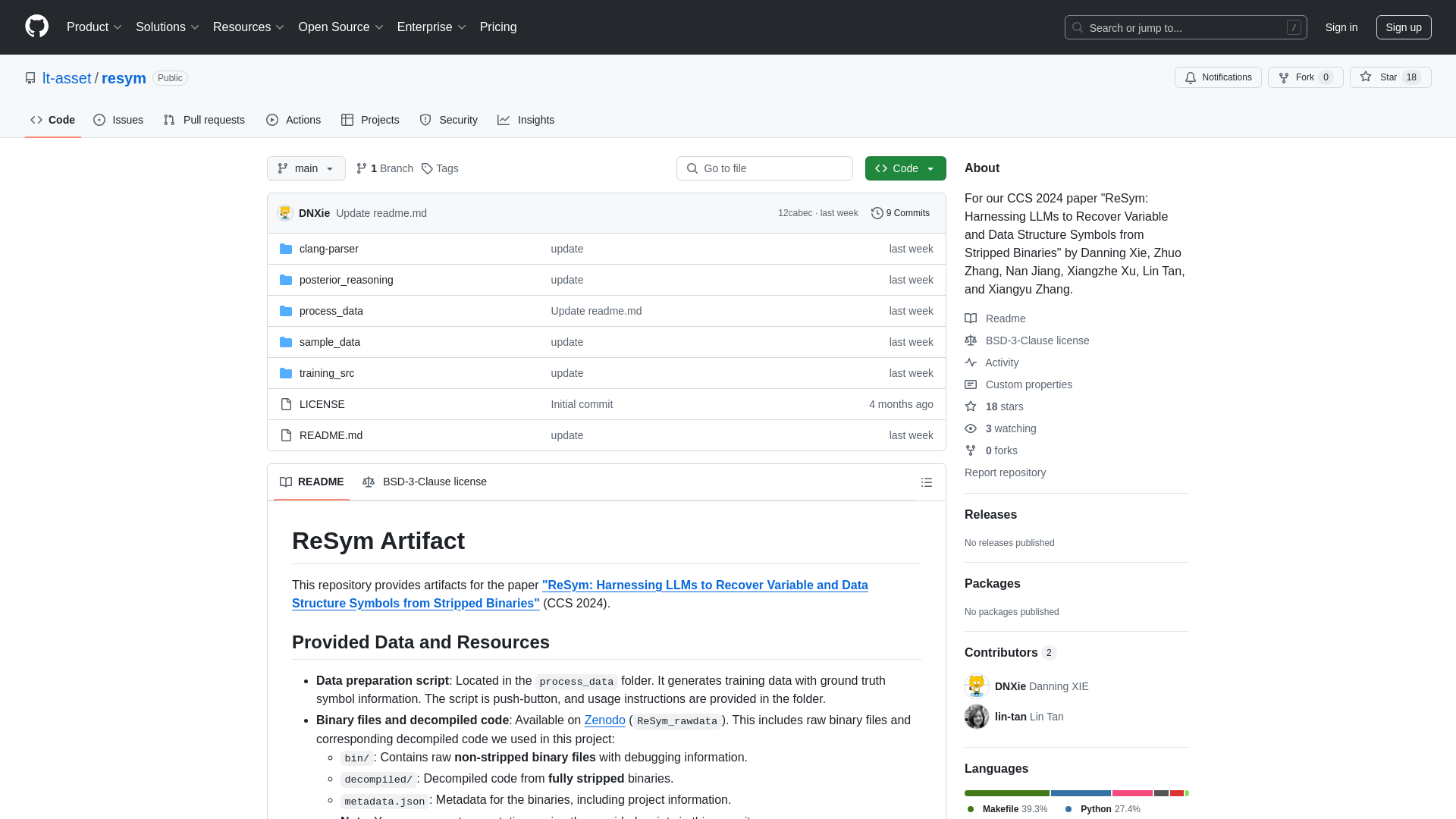 GitHub - lt-asset/resym: For our CCS 2024 paper "ReSym: Harnessing LLMs to Recover Variable and Data Structure Symbols from Stripped Binaries" by Danning Xie, Zhuo Zhang, Nan Jiang, Xiangzhe Xu, Lin Tan, and Xiangyu Zhang.