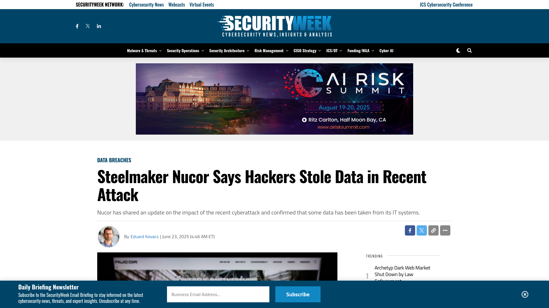 Steelmaker Nucor Says Hackers Stole Data in Recent Attack - SecurityWeek