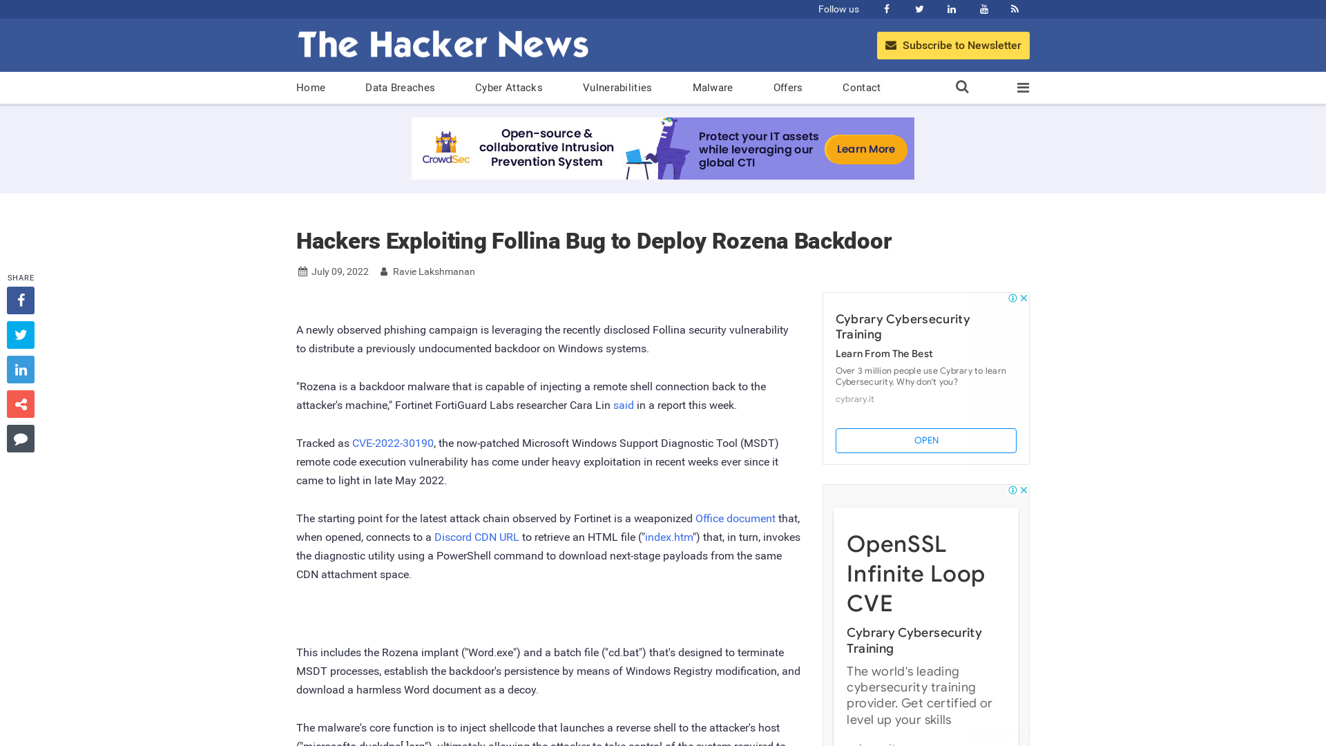 Hackers Exploiting Follina Bug to Deploy Rozena Backdoor