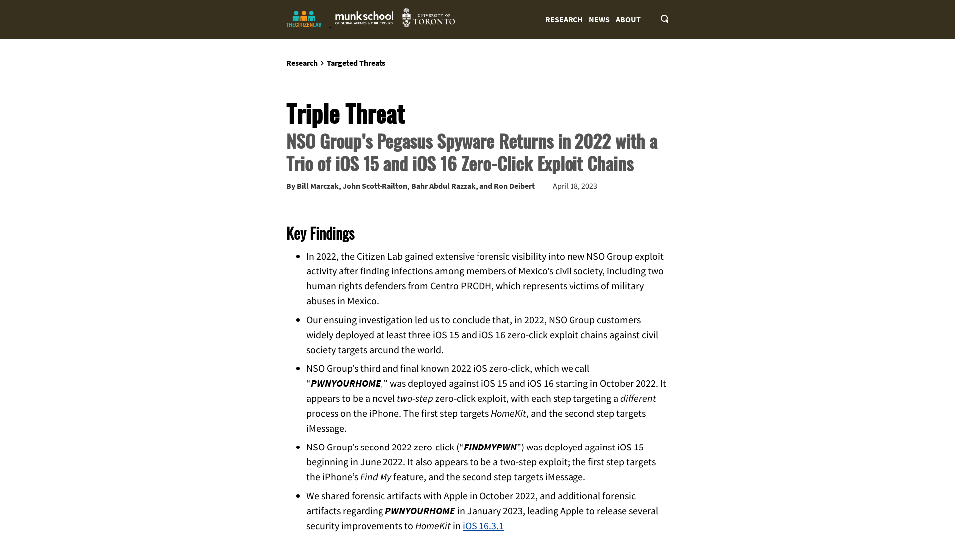 Triple Threat: NSO Group’s Pegasus Spyware Returns in 2022 with a Trio of iOS 15 and iOS 16 Zero-Click Exploit Chains - The Citizen Lab