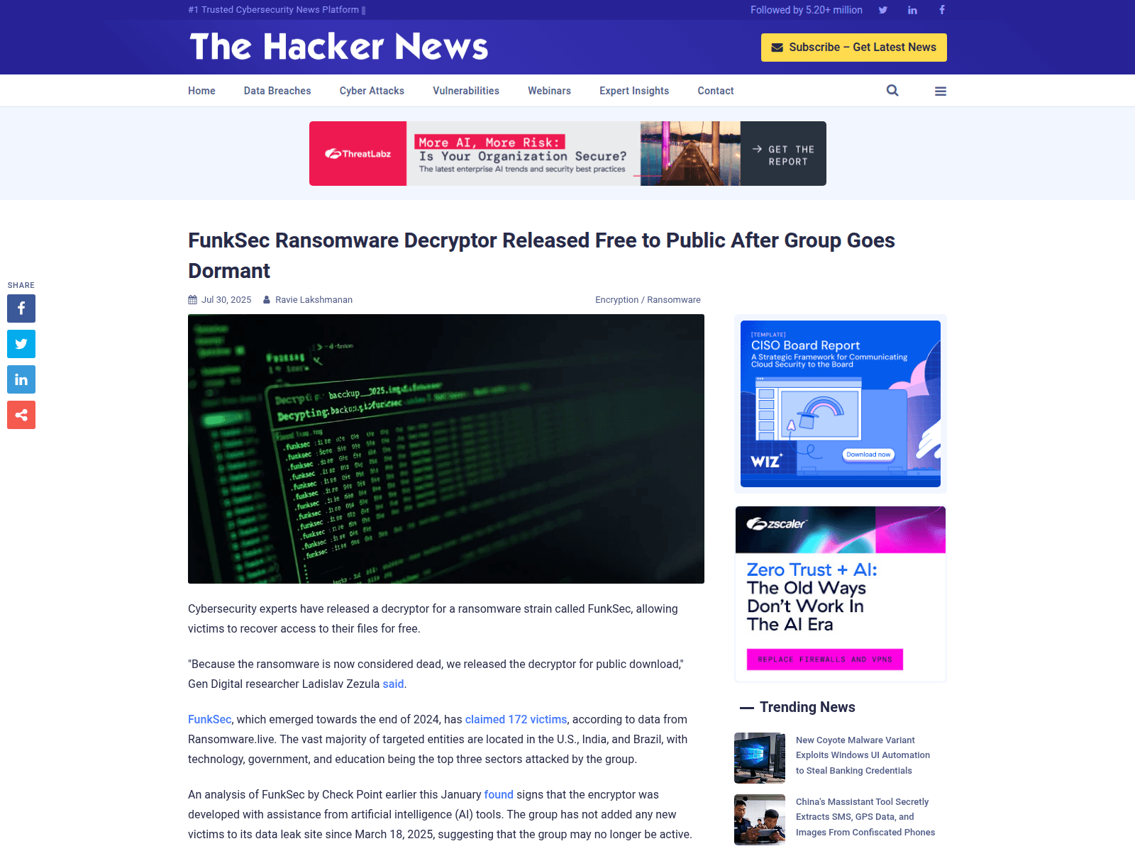 FunkSec Ransomware Decryptor Released Free to Public After Group Goes Dormant