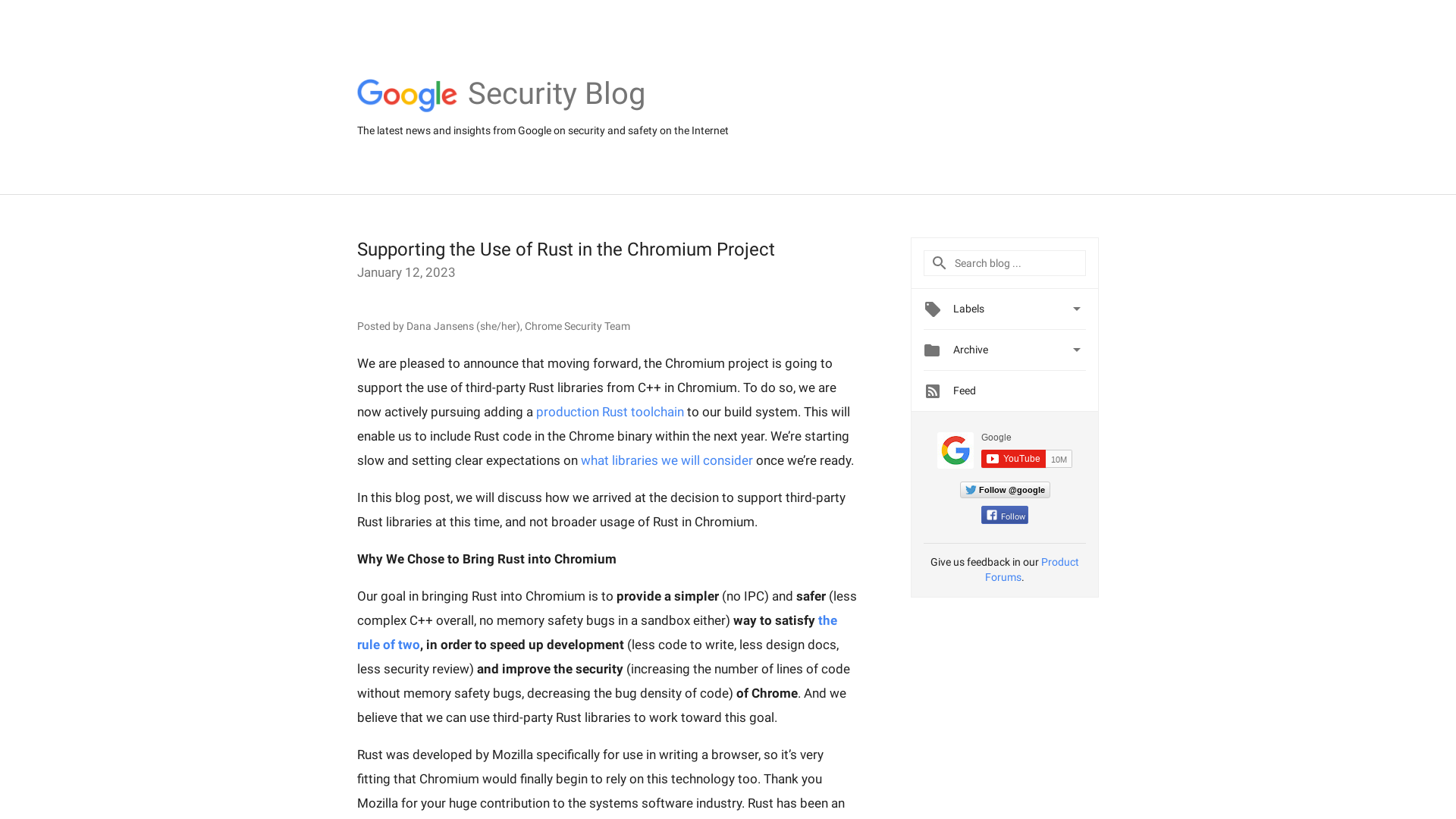 Google Online Security Blog: Supporting the Use of Rust in the Chromium Project