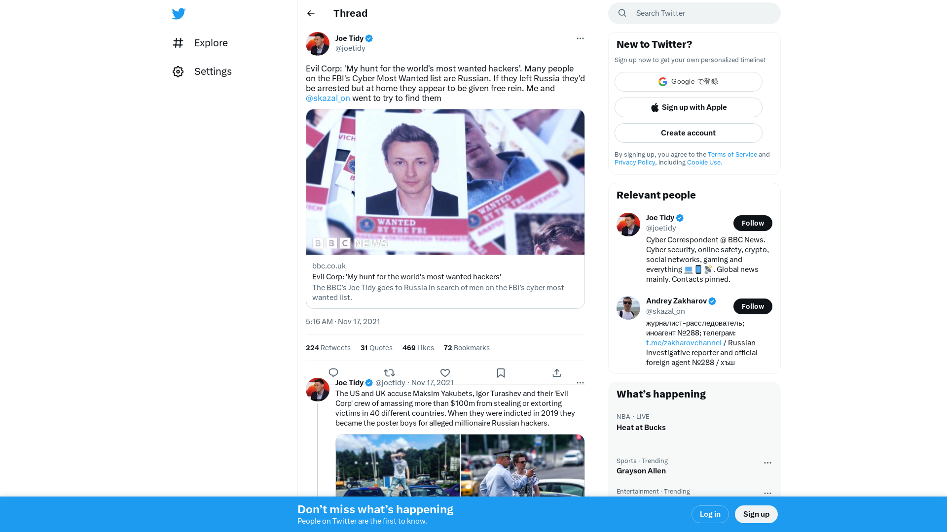 Joe Tidy on Twitter: "Evil Corp: 'My hunt for the world's most wanted hackers'. Many people on the FBI's Cyber Most Wanted list are Russian. If they left Russia they'd be arrested but at home they appear to be given free rein. Me and ⁦@skazal_on⁩ went to try to find them https://t.co/EQcdHlzEdh" / Twitter