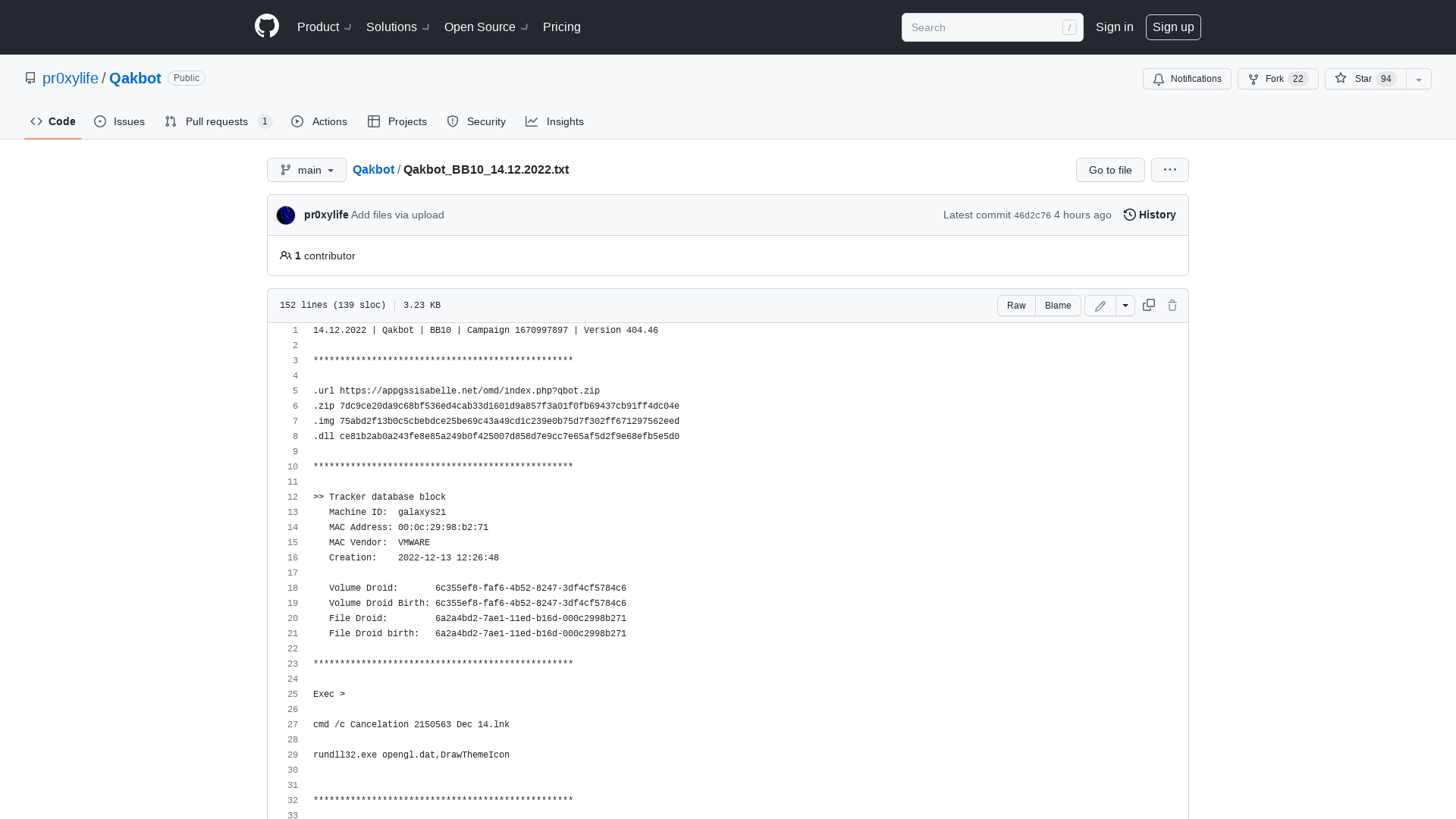 Qakbot/Qakbot_BB10_14.12.2022.txt at main · pr0xylife/Qakbot · GitHub