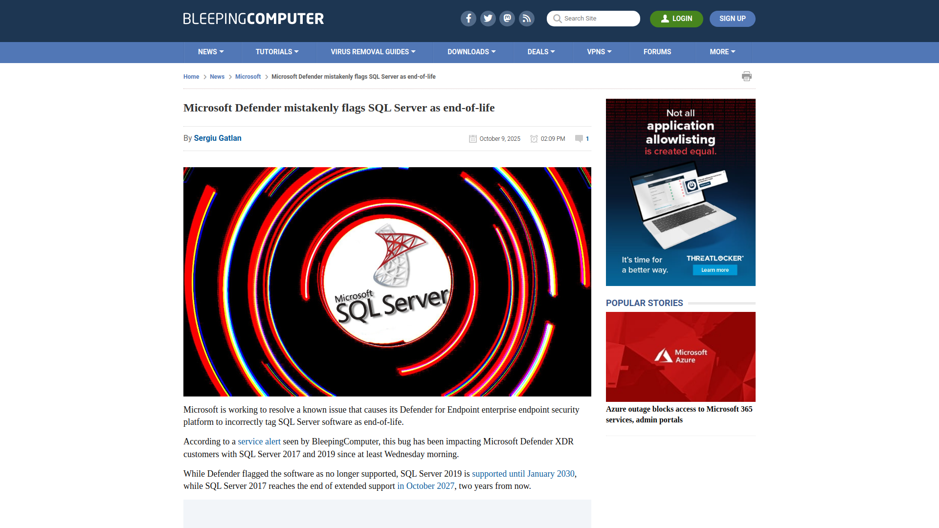 Microsoft Defender mistakenly flags SQL Server as end-of-life