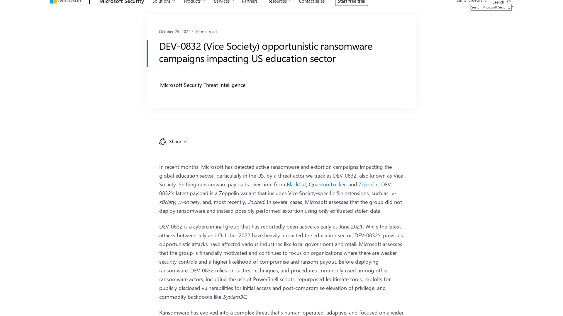 DEV-0832 (Vice Society) opportunistic ransomware campaigns impacting US education sector - Microsoft Security Blog