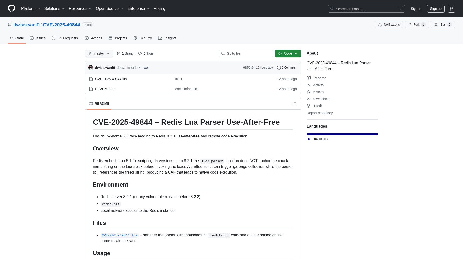 GitHub - dwisiswant0/CVE-2025-49844: CVE-2025-49844 – Redis Lua Parser Use-After-Free