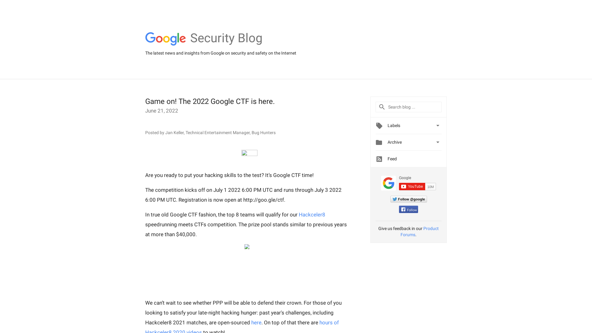 Google Online Security Blog: Game on! The 2022 Google CTF is here.