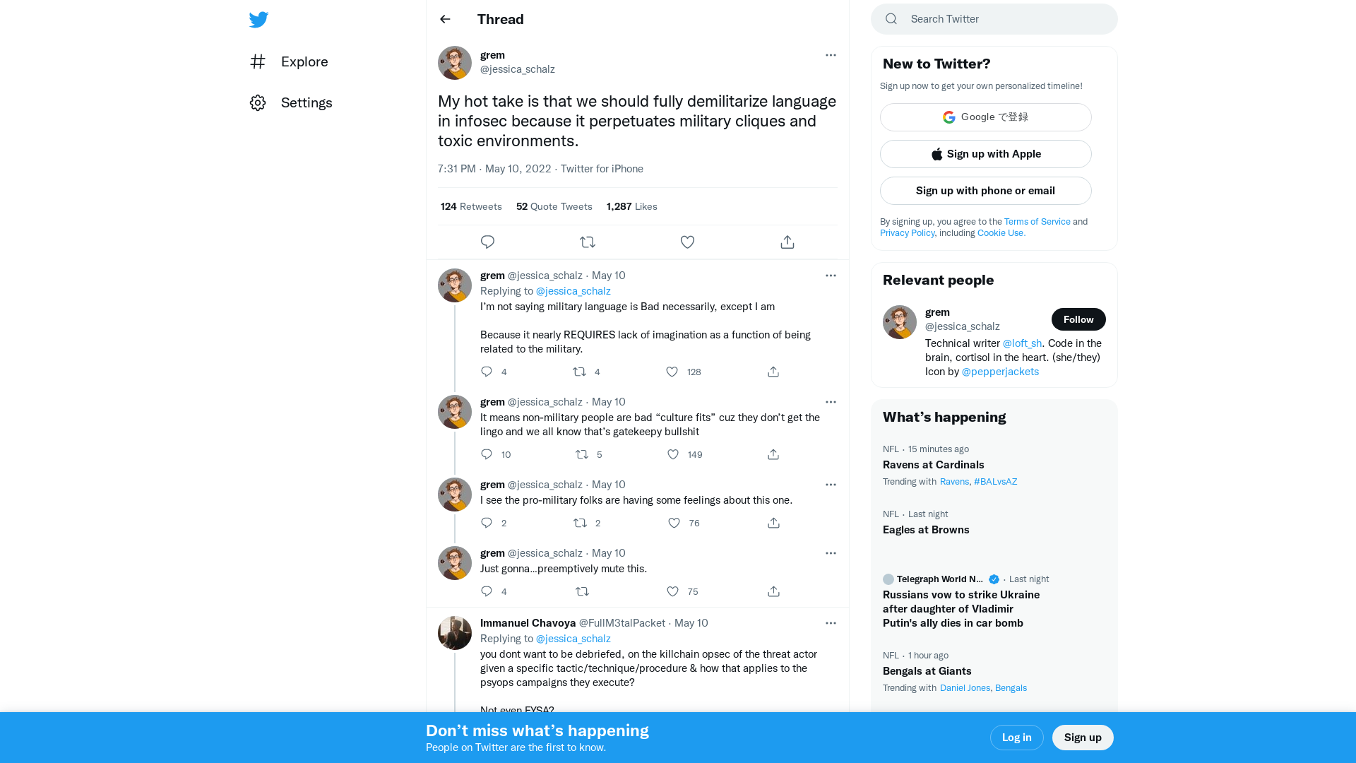 grem on Twitter: "My hot take is that we should fully demilitarize language in infosec because it perpetuates military cliques and toxic environments." / Twitter