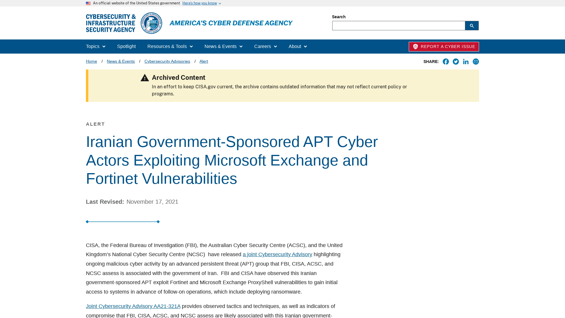 Iranian Government-Sponsored APT Cyber Actors Exploiting Microsoft Exchange and Fortinet Vulnerabilities | CISA