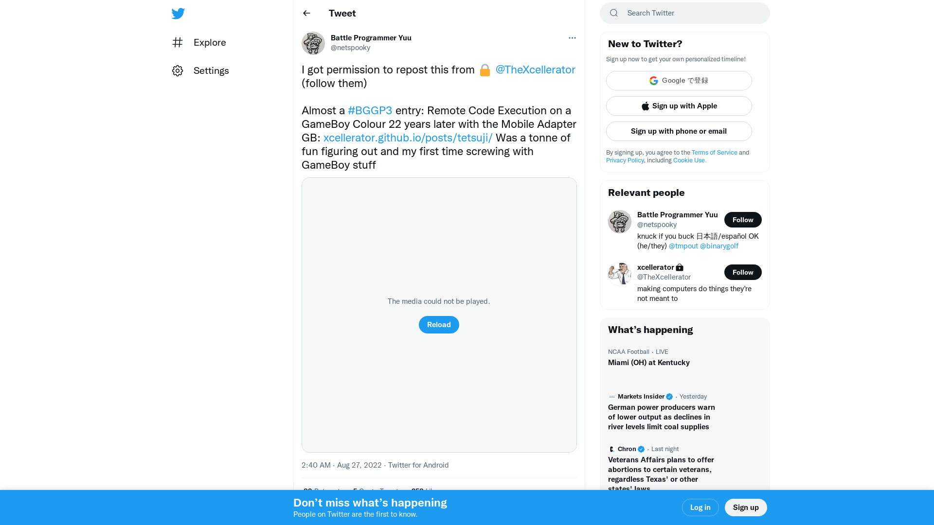 Battle Programmer Yu​u on Twitter: "I got permission to repost this from 🔒 @TheXcellerator (follow them) Almost a #BGGP3 entry: Remote Code Execution on a GameBoy Colour 22 years later with the Mobile Adapter GB: https://t.co/YCXYSpI78E Was a tonne of fun figuring out and my first time screwing with GameBoy stuff https://t.co/i8ppfKRGNC" / Twitter