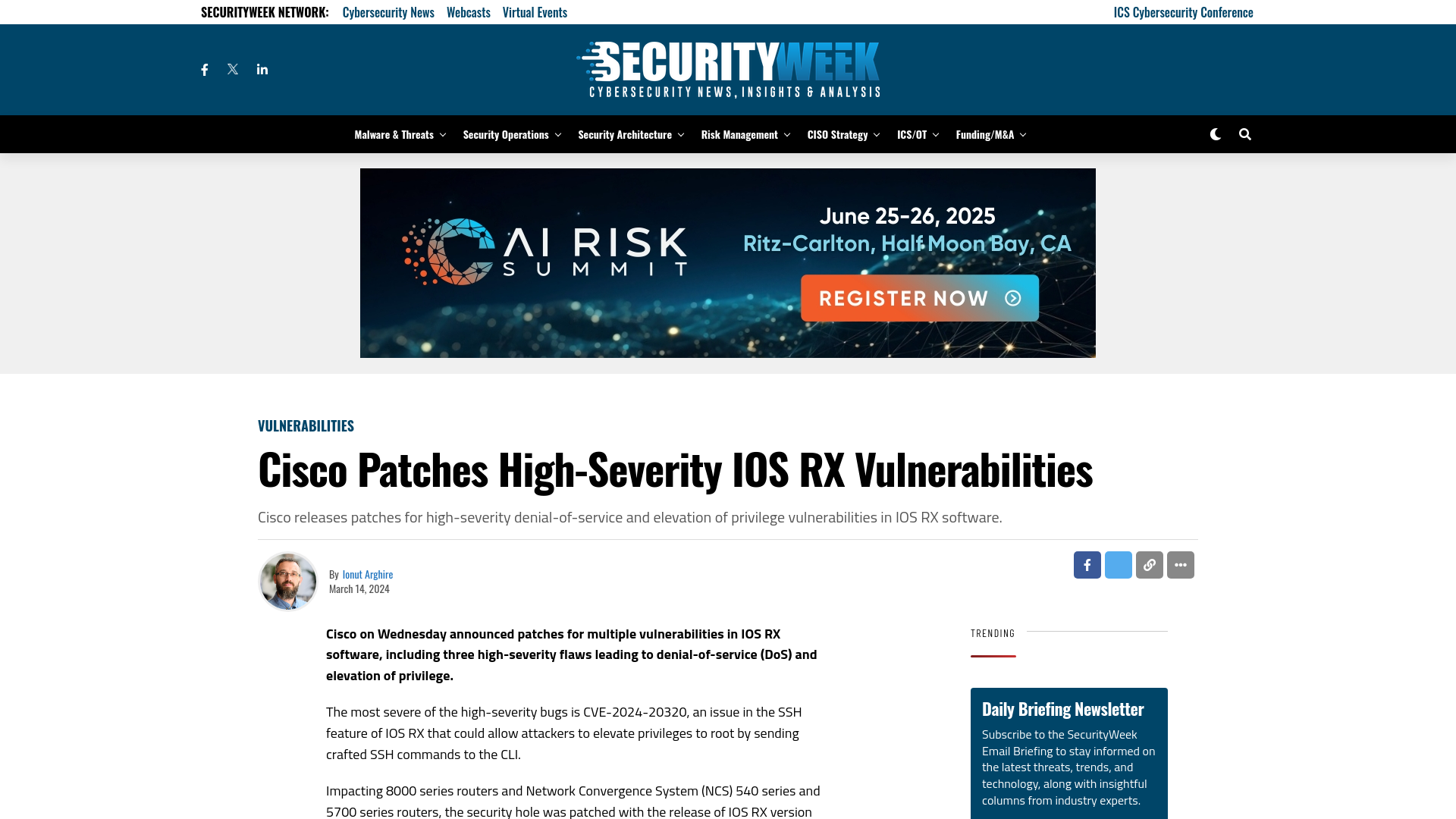 Cisco Patches High-Severity IOS RX Vulnerabilities  - SecurityWeek