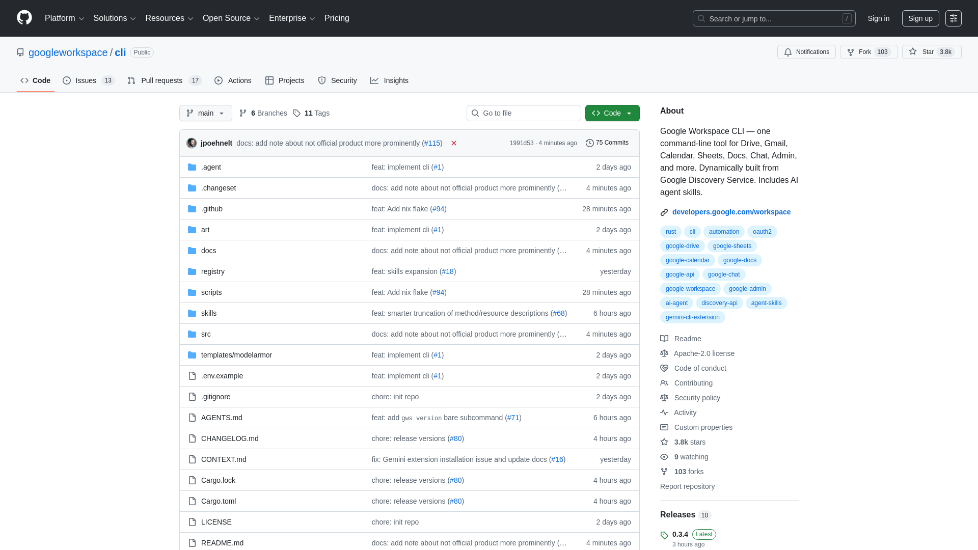 GitHub - googleworkspace/cli: Google Workspace CLI — one command-line tool for Drive, Gmail, Calendar, Sheets, Docs, Chat, Admin, and more. Dynamically built from Google Discovery Service. Includes AI agent skills. · GitHub