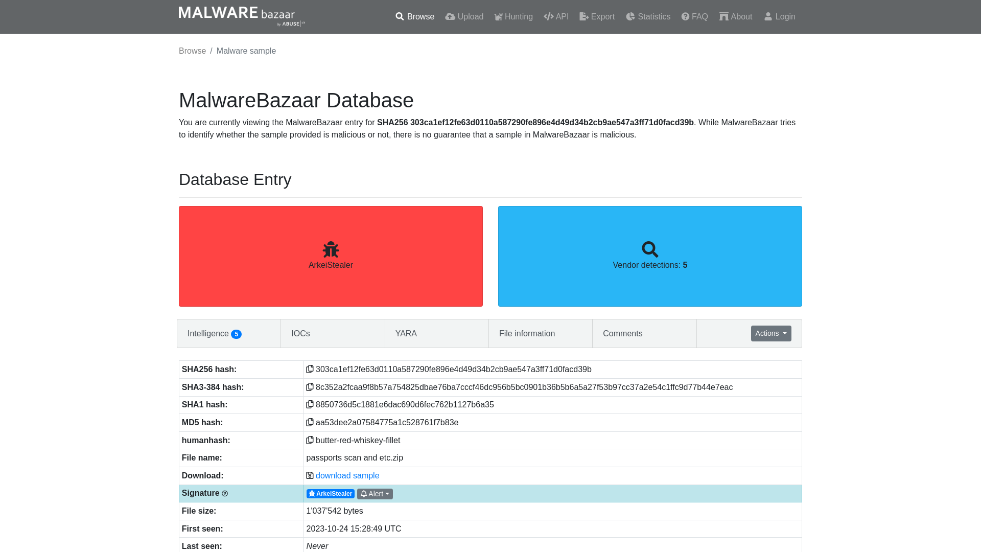 MalwareBazaar | SHA256 303ca1ef12fe63d0110a587290fe896e4d49d34b2cb9ae547a3ff71d0facd39b (ArkeiStealer)