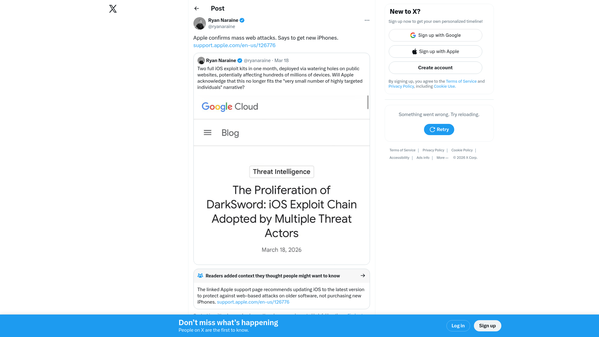 Ryan Naraine on X: "Apple confirms mass web attacks. Says to get new iPhones. https://t.co/4qqoA4Ab58" / X