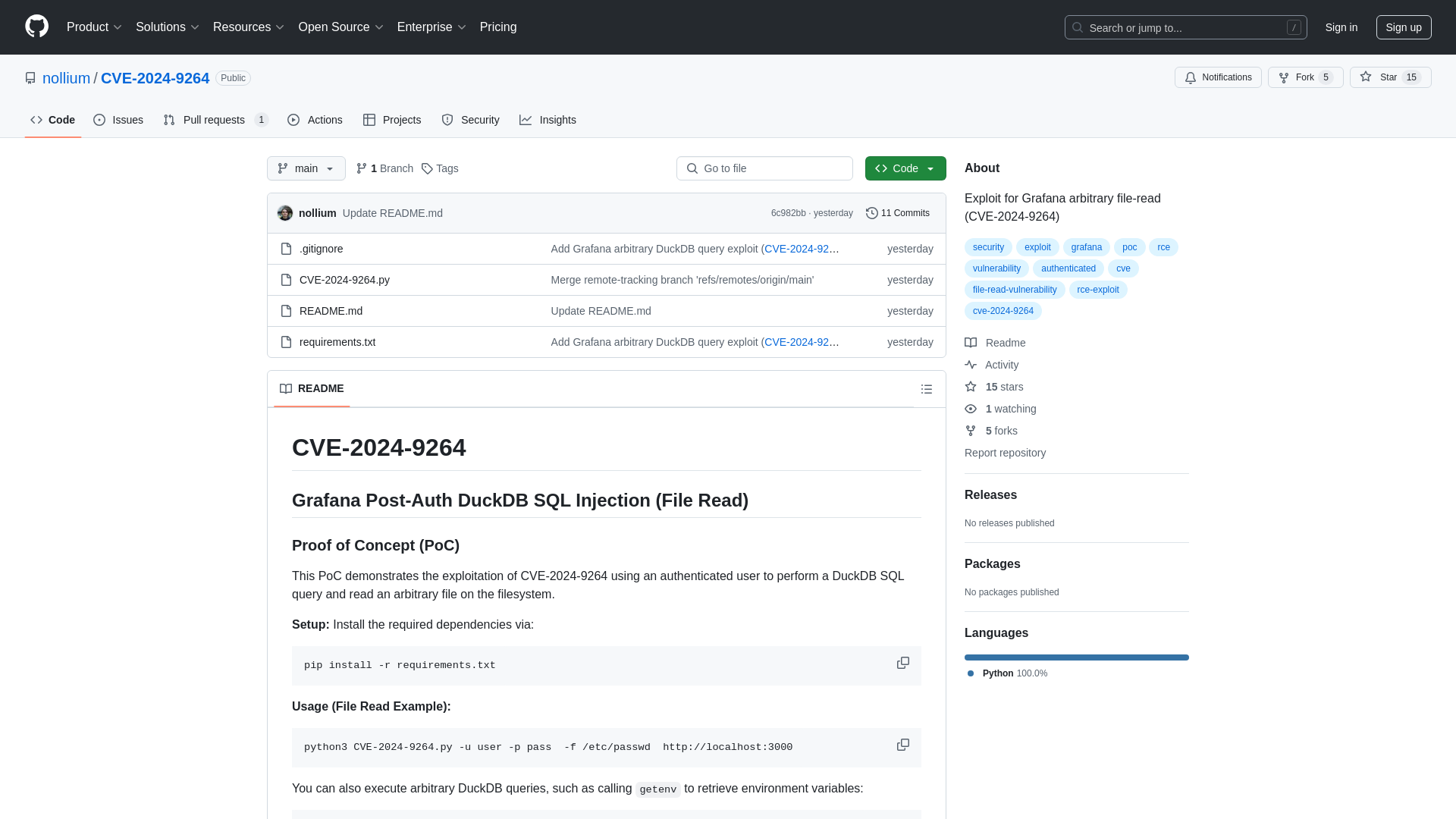 GitHub - nollium/CVE-2024-9264: Exploit for Grafana arbitrary file-read (CVE-2024-9264)