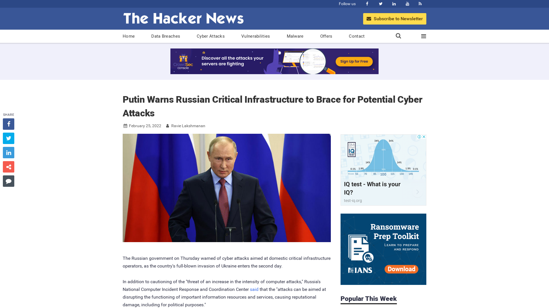 Putin Warns Russian Critical Infrastructure to Brace for Potential Cyber Attacks