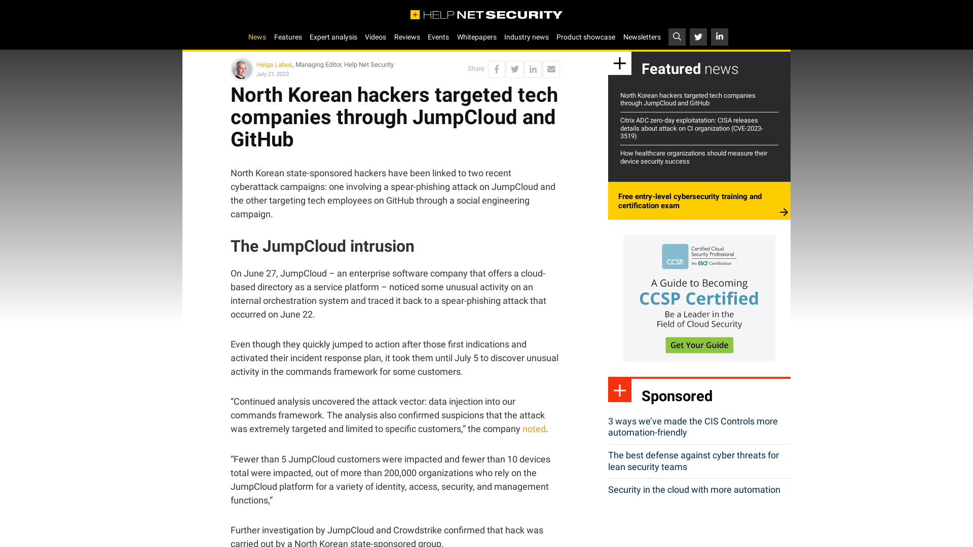 North Korean hackers targeted tech companies through JumpCloud and GitHub - Help Net Security