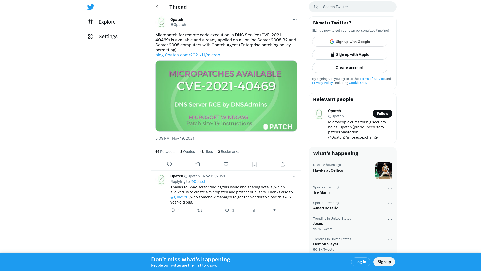 0patch on Twitter: "Micropatch for remote code execution in DNS Service (CVE-2021-40469) is available and already applied on all online Server 2008 R2 and Server 2008 computers with 0patch Agent (Enterprise patching policy permitting) https://t.co/KgMFE5aH4Q https://t.co/QK5CNaHezR" / Twitter
