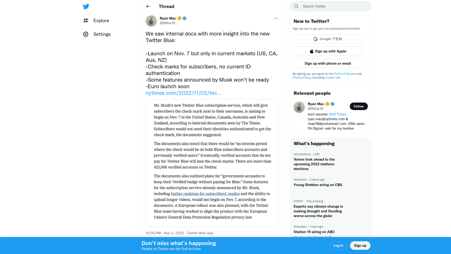 Ryan Mac 🙃 on Twitter: "We saw internal docs with more insight into the new Twitter Blue: -Launch on Nov. 7 but only in current markets (US, CA, Aus, NZ) -Check marks for subscribers, no current ID authentication -Some features announced by Musk won't be ready -Euro launch soon https://t.co/K646aQrThi https://t.co/1jToHytXfi" / Twitter