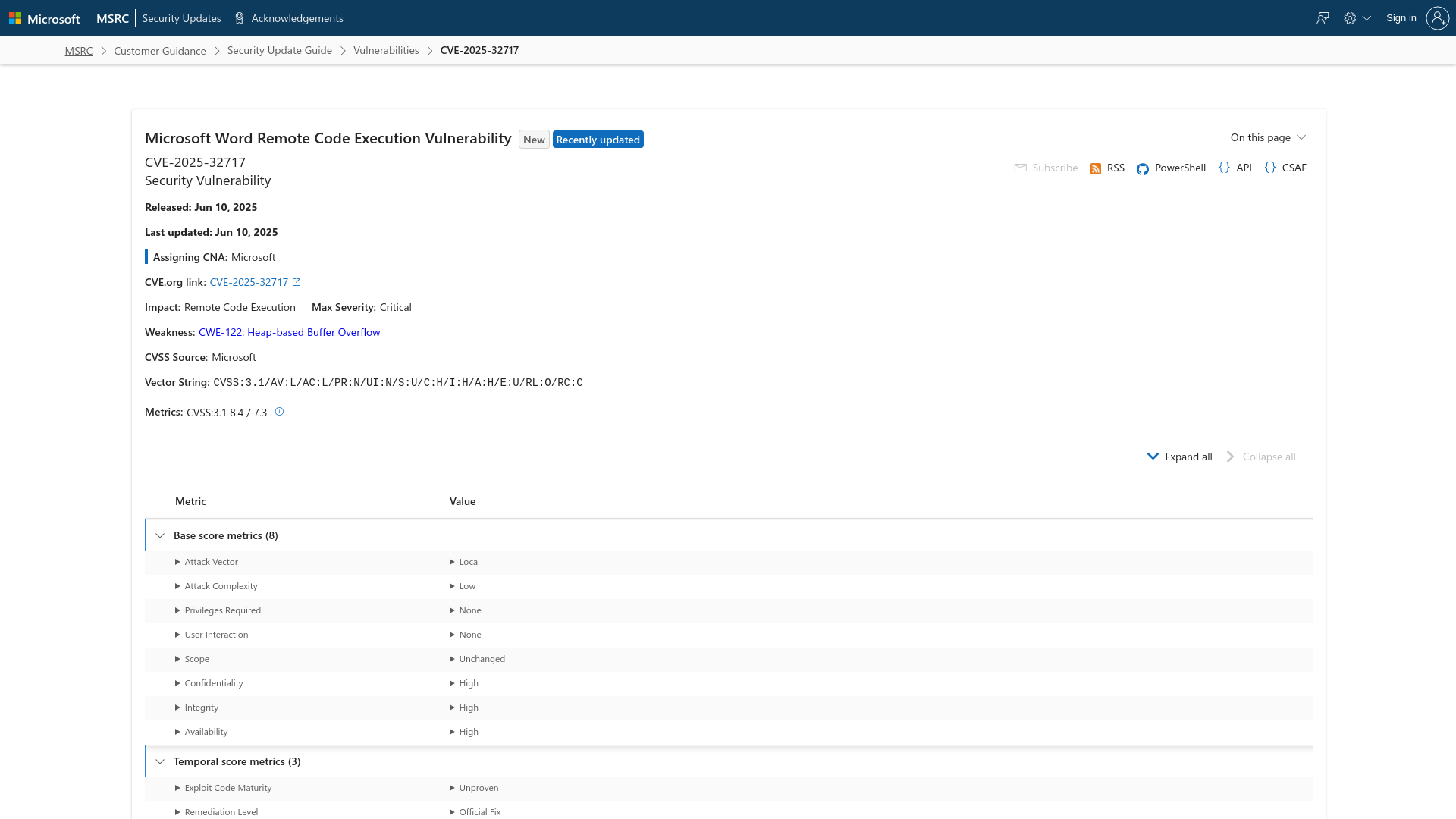 CVE-2025-32717 - Security Update Guide - Microsoft - Microsoft Word Remote Code Execution Vulnerability