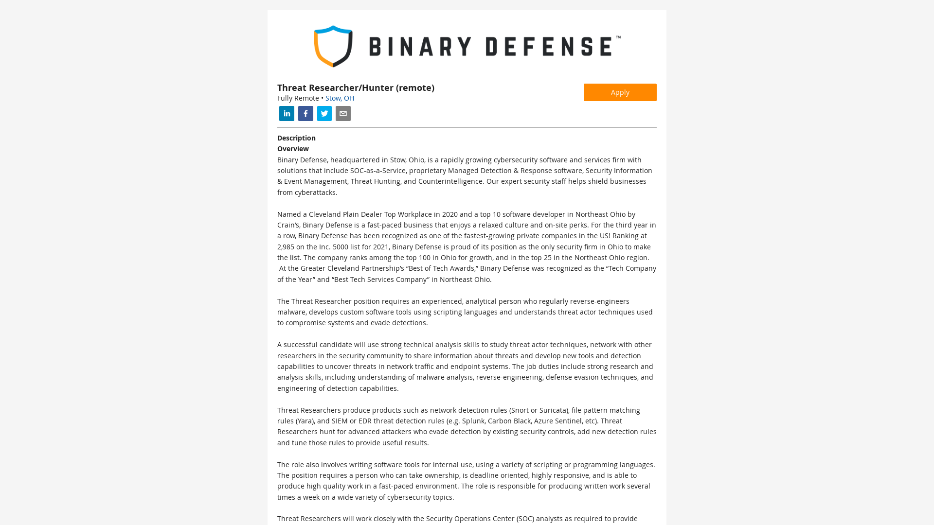 Binary Defense - Threat Researcher/Hunter (remote)
